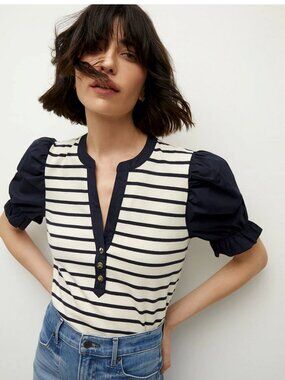 Veronica Beard Raegan Puff-Sleeve Top stripe xs 2 preppy